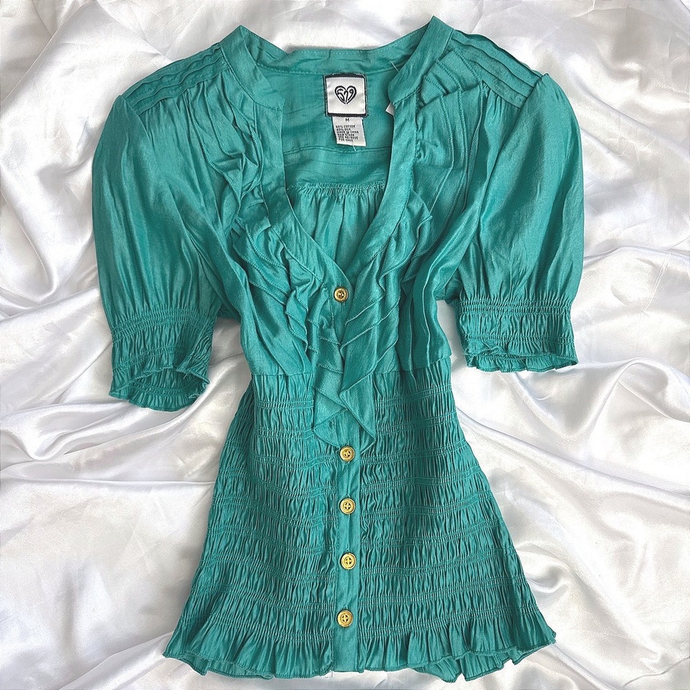 Vintage Teal Silk Blend Ruffle Smocked Waist Button Front Puff Sleeve Blouse M